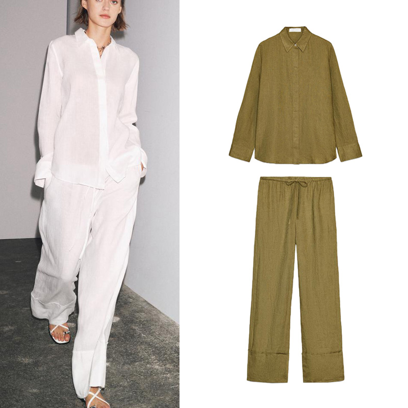 Linen Pant Wide - Casual lange mouwen overhemd met kraag