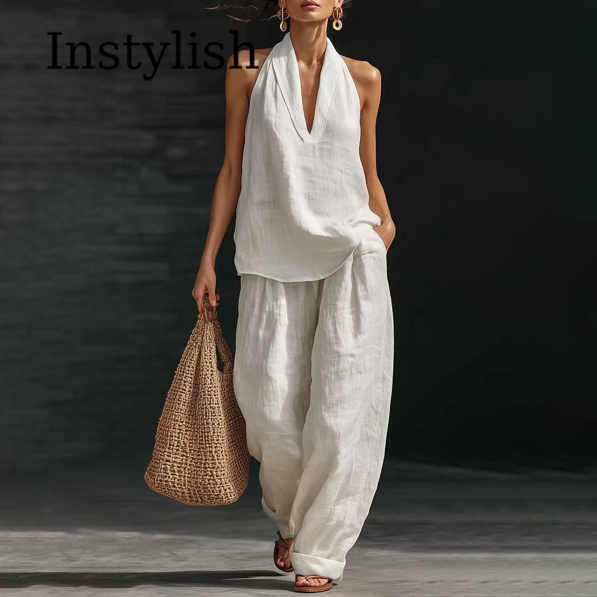 Linen Pant Wide - Zomer Dames Casual Linnen 2-delig Halternek