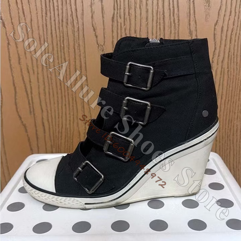 Wedge Espadrille Women - Grijze multi-gesp hoge wedgesneakers met vintage